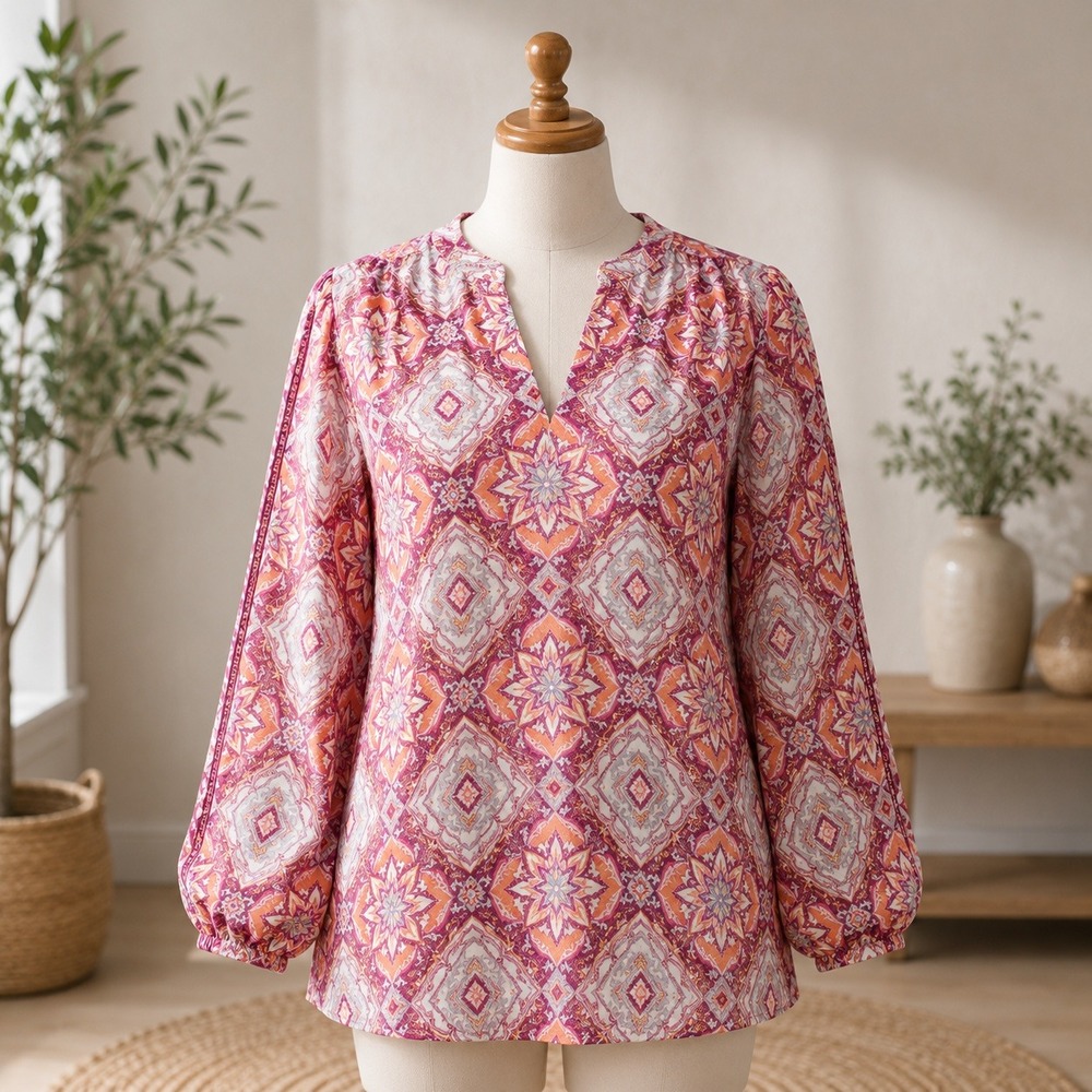 NEW Belle Boho Kim Gravel Tunic Top Medium Pink Orange Medallion Split Neck